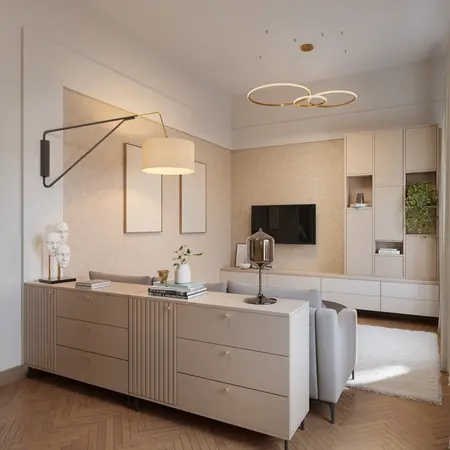 Wnętrze salonu w stylu art deco, glamour i soft minimalizm z jasnymi meblami.