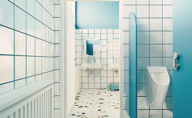 Wnętrze nowoczesnej łazienki z niebieskimi ścianami i białymi płytkami, dopamine decor, eklektyczny.