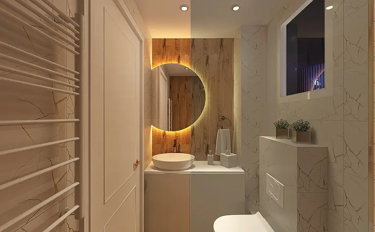 Nowoczesna łazienka w stylu eklektycznym i minimalistycznym z drewnianymi elementami.