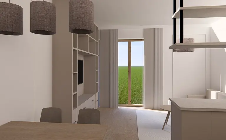 Wnętrze jadalni minimalistycznej z drewnianym stołem, szarymi lampami i dużym oknem.