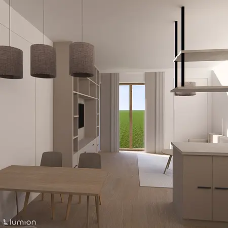 Wnętrze jadalni minimalistycznej z drewnianym stołem, szarymi lampami i dużym oknem.