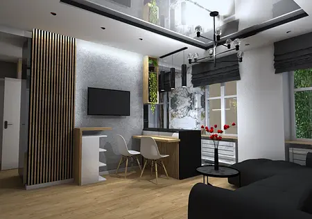 Wnętrze z industrialnym i skandynawskim stylem, drewniane meble, szare ściany, nowoczesne oświetlenie.