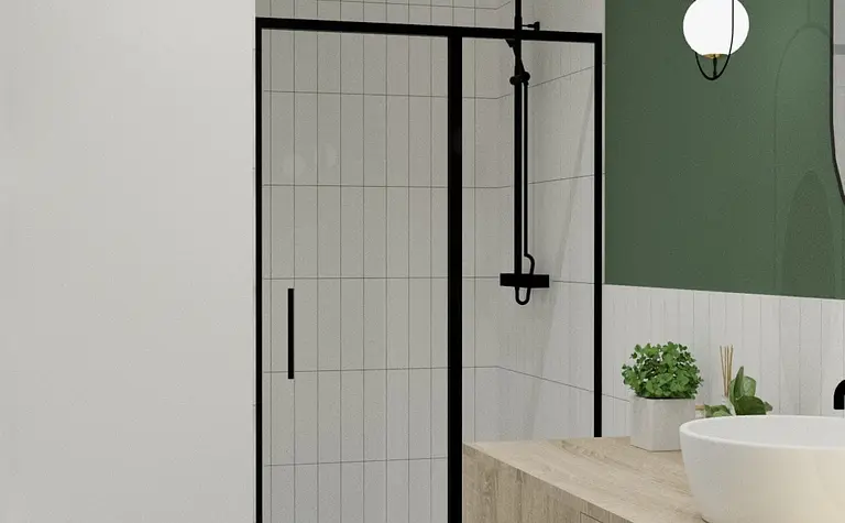 Nowoczesna łazienka z prysznicem, drewnianą umywalką i zieloną ścianą. Styl minimalistyczny.
