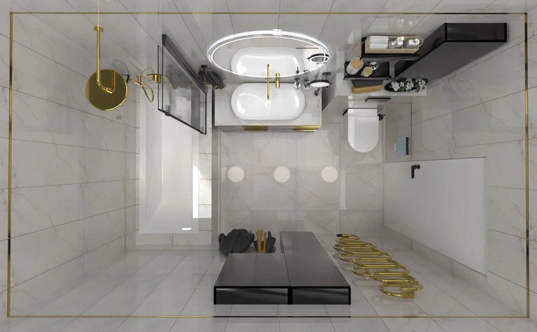Nowoczesna łazienka z białymi umywalkami i złotymi detalami, w stylu boho i industrialnym.