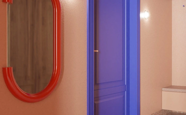 Przedpokój z niebieskimi drzwiami, czerwonym lustrem i różową ścianą w stylu dopamine decor.