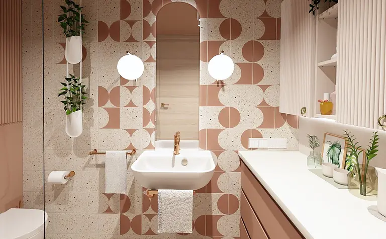 Nowoczesna łazienka z różowymi płytkami, roślinami i białą umywalką, styl art deco i glamour