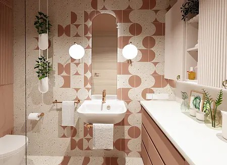 Nowoczesna łazienka z różowymi płytkami, roślinami i białą umywalką, styl art deco i glamour