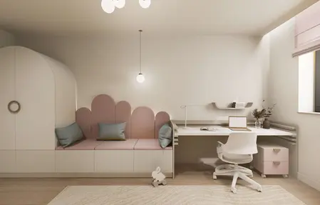 Pokój dziecięcy z minimalistycznym wystrojem, różową sofą i nowoczesnym biurkiem.