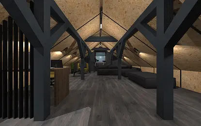Poddasze w stylu industrialnym z nowoczesnym wyposażeniem i drewnianymi detalami.