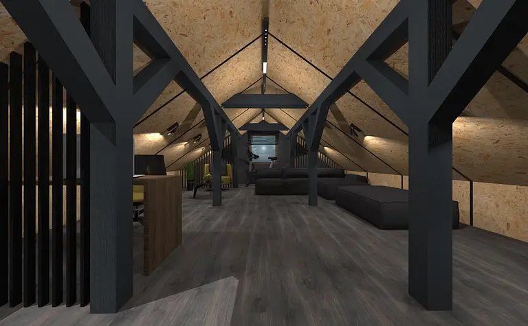 Poddasze w stylu industrialnym z nowoczesnym wyposażeniem i drewnianymi detalami.