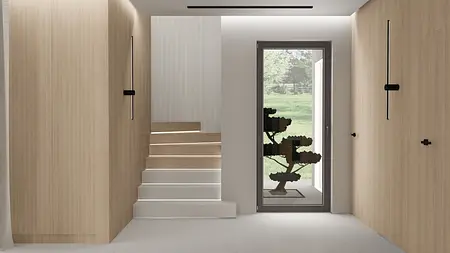 Przedpokój z drewnianymi elementami, nowoczesny design, quiet luxury, współczesny styl.