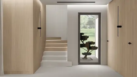 Przedpokój z drewnianymi elementami, nowoczesny design, quiet luxury, współczesny styl.
