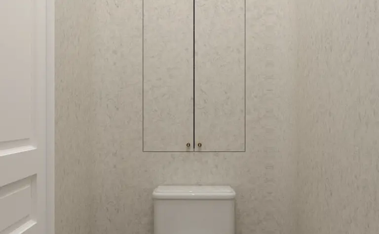 Toaleta z białym WC i szafką, styl art deco, minimaluxe, quiet luxury
