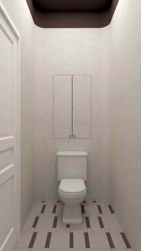 Toaleta z białym WC i szafką, styl art deco, minimaluxe, quiet luxury