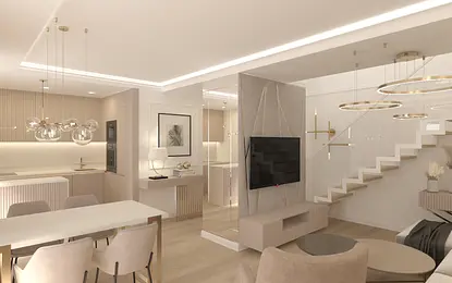 Nowoczesne wnętrze salonu z jasnymi meblami i oświetleniem glamour.