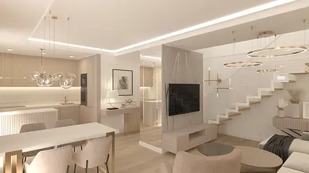 Nowoczesne wnętrze salonu z jasnymi meblami i oświetleniem glamour.