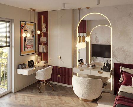 Wnętrze gabinetu z nowoczesnym biurkiem, lampą i dekoracjami współczesnymi.