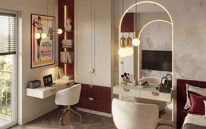 Wnętrze gabinetu z nowoczesnym biurkiem, lampą i dekoracjami współczesnymi.