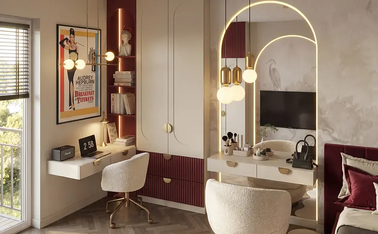Wnętrze gabinetu z nowoczesnym biurkiem, lampą i dekoracjami współczesnymi.