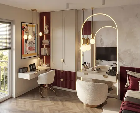 Wnętrze gabinetu z nowoczesnym biurkiem, lampą i dekoracjami współczesnymi.