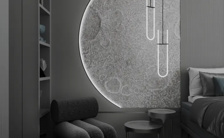 Minimalistyczna sypialnia skandynawska z szarymi ścianami i designerskimi meblami.