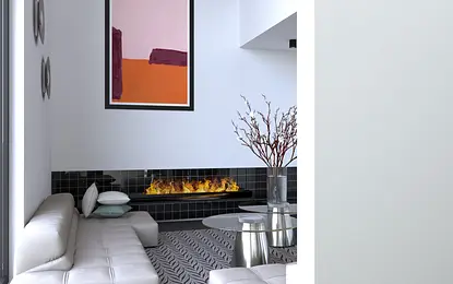 Wnętrze nowoczesnego salonu z jasną kanapą i kominkiem.