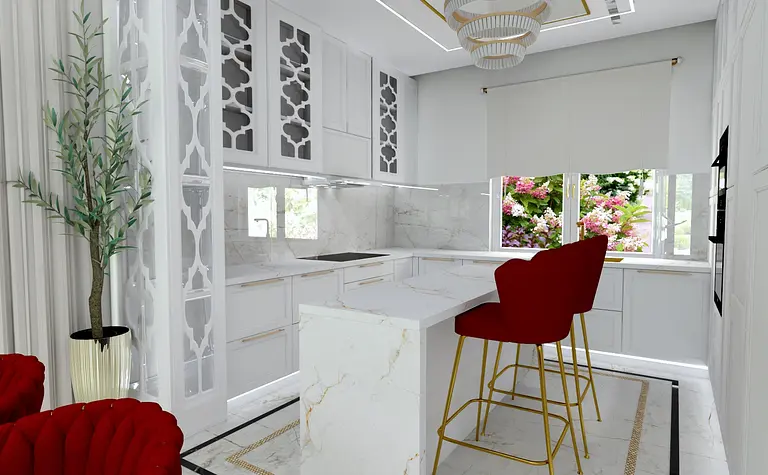 Nowoczesna kuchnia z białymi meblami, czerwonymi krzesłami i marmurowym blatem w stylu glamour.