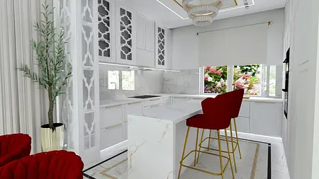 Nowoczesna kuchnia z białymi meblami, czerwonymi krzesłami i marmurowym blatem w stylu glamour.