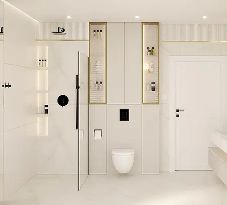 Nowoczesna łazienka w stylu art deco i glamour z białymi meblami