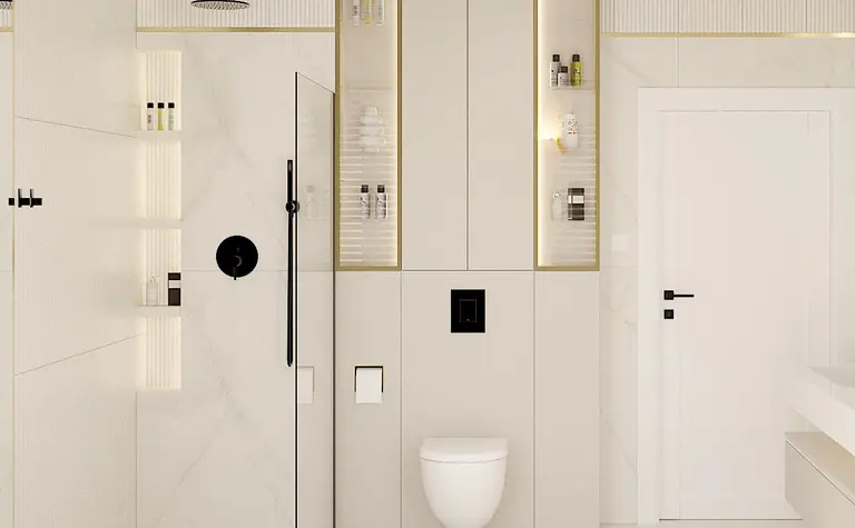 Nowoczesna łazienka w stylu art deco i glamour z białymi meblami