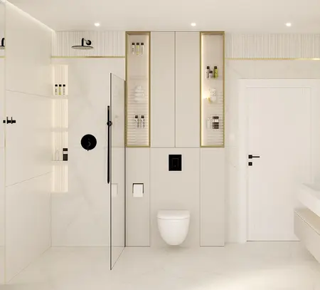 Nowoczesna łazienka w stylu art deco i glamour z białymi meblami