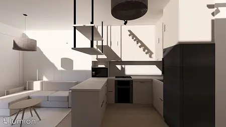 Wnętrze kuchni z minimalistycznymi i współczesnymi meblami w jasnych kolorach.