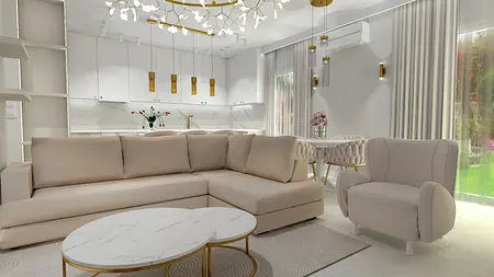 Wnętrze w stylu glamour z beżową sofą i białą kuchnią.