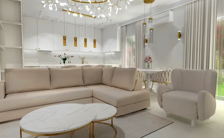 Wnętrze w stylu glamour z beżową sofą i białą kuchnią.