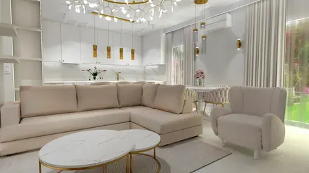 Wnętrze w stylu glamour z beżową sofą i białą kuchnią.