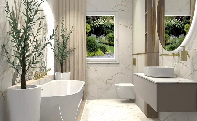 Nowoczesna łazienka z białą wanną, roślinami i złotymi detalami, styl glamour