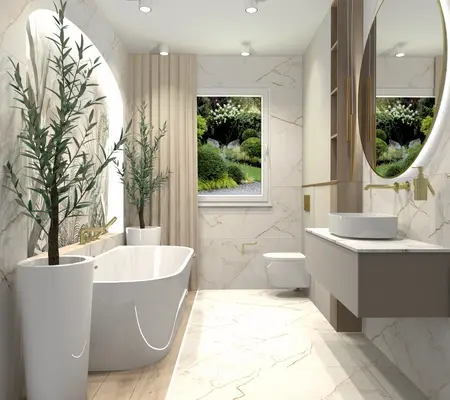 Nowoczesna łazienka z białą wanną, roślinami i złotymi detalami, styl glamour