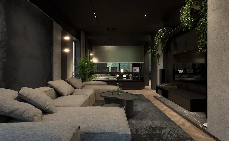 Wnętrze salonu w stylu minimalistycznym i nowoczesnym z szarymi meblami i roślinnością.