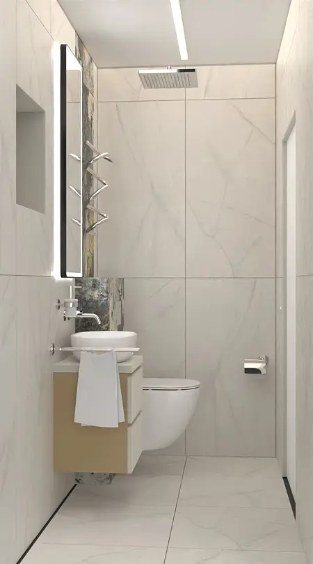 Wnętrze łazienki z białymi płytkami, minimalistycznym umywalką i industrialnymi akcentami.