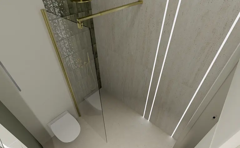 Nowoczesna łazienka z prysznicem, minimalistycznym wystrojem, w stylu boho i japandi.