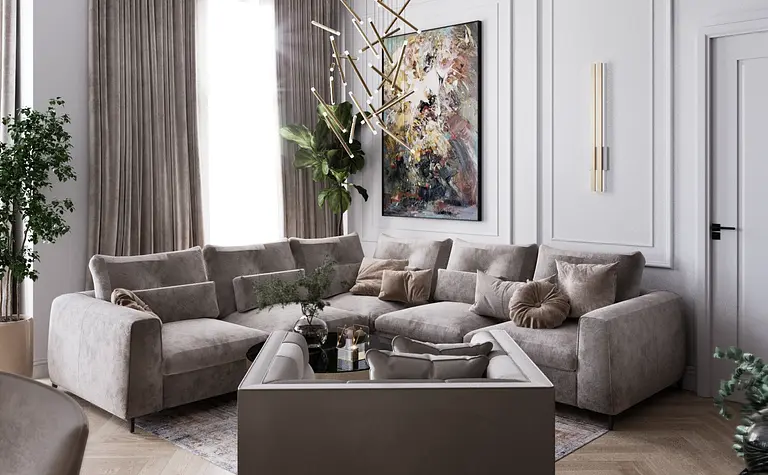 Wnętrze salonu w stylu eklektycznym z nowoczesnymi meblami i dekoracjami.