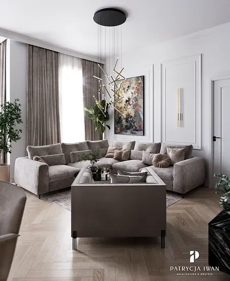 Wnętrze salonu w stylu eklektycznym z nowoczesnymi meblami i dekoracjami.