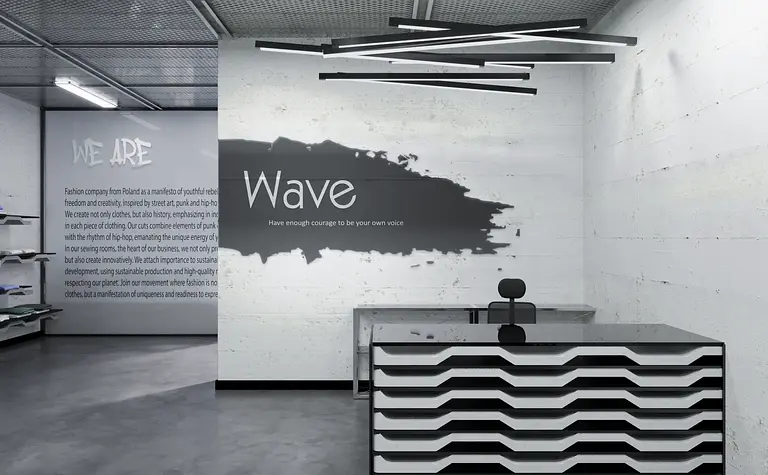 Biuro z minimalistycznym wystrojem, czarne biurko i białe ściany, nowoczesny design.