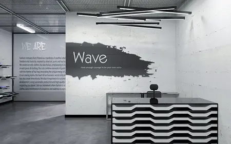 Biuro z minimalistycznym wystrojem, czarne biurko i białe ściany, nowoczesny design.
