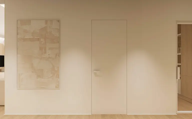 Minimalistyczne wnętrze z obrazem i drzwiami w stylu japandi, nowoczesnym i quiet luxury.