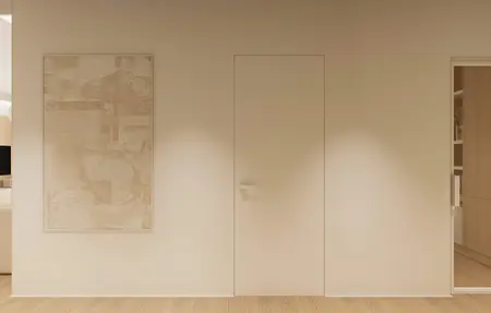 Minimalistyczne wnętrze z obrazem i drzwiami w stylu japandi, nowoczesnym i quiet luxury.