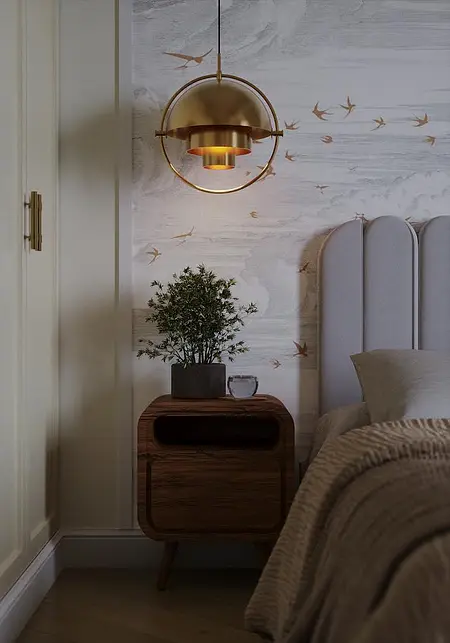 Sypialnia z oświetleniem art deco i eklektycznymi akcentami.