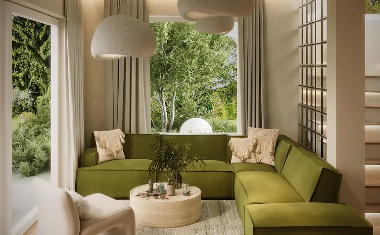 Wnętrze salonu w stylu boho i eklektycznym z zieloną sofą.