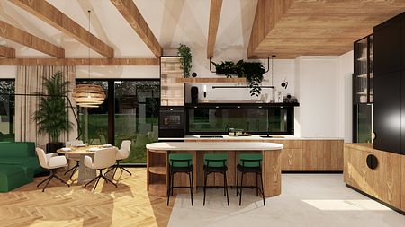 Współczesna kuchnia z drewnianymi meblami, zielonymi krzesłami i dużymi oknami.