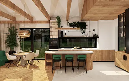 Współczesna kuchnia z drewnianymi meblami, zielonymi krzesłami i dużymi oknami.